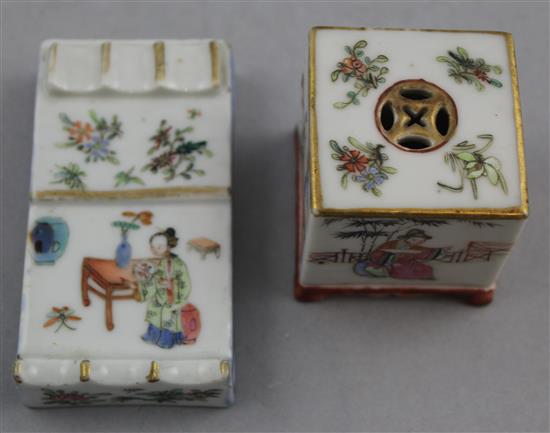 A Chinese famille rose brush rest and a similar miniature incense burner and cover, mid 19th century, 4.8cm high